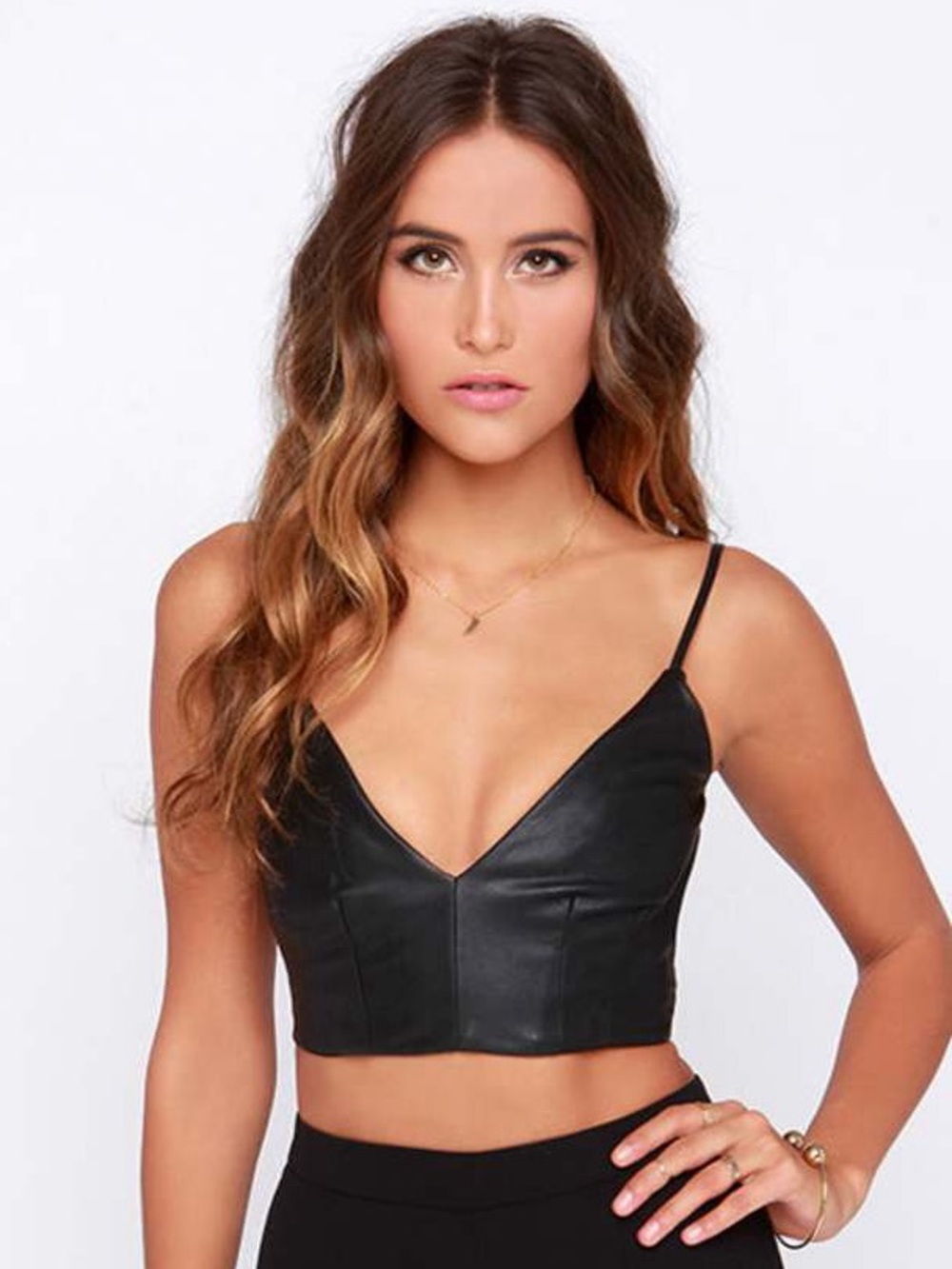⭐ Lulus Vegan Leather Strapless Top – Size Large (Black Structured Fit)